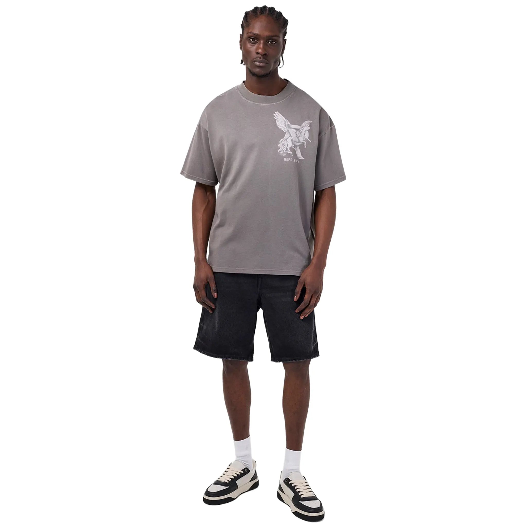 Model Front View of Represent Denim Jet Black Shorts MLM61038-01